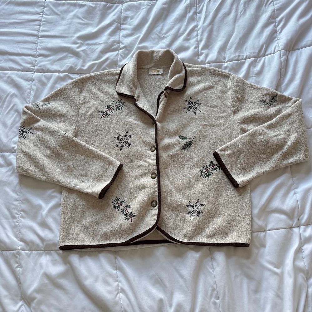 Vintage Talbots Fleece Cardigan Jacket Cream Embroidered Snowflake Holly XL